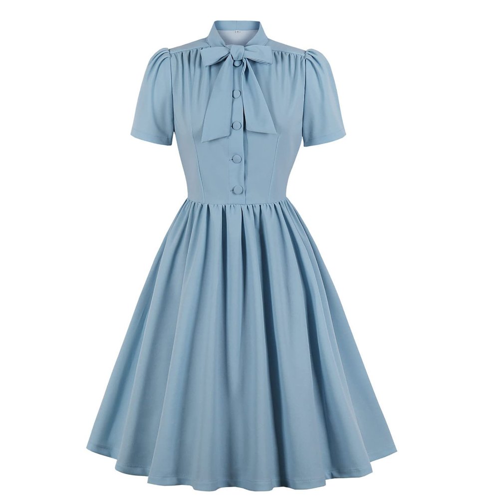 tuduoms 50s Dresses Women Vintage Tea Party Dress Tie Neck Audrey Retro Rockabilly Prom Dress Puff Sleeve Swing Church Dress Light Blue