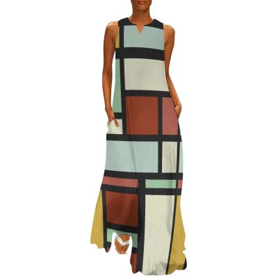 BAIKUTOUAN Mondrian Geometric Shapes Women's Long Dress Casual Sleeveless Maxi Dress Swing Dresses with Pockets M
