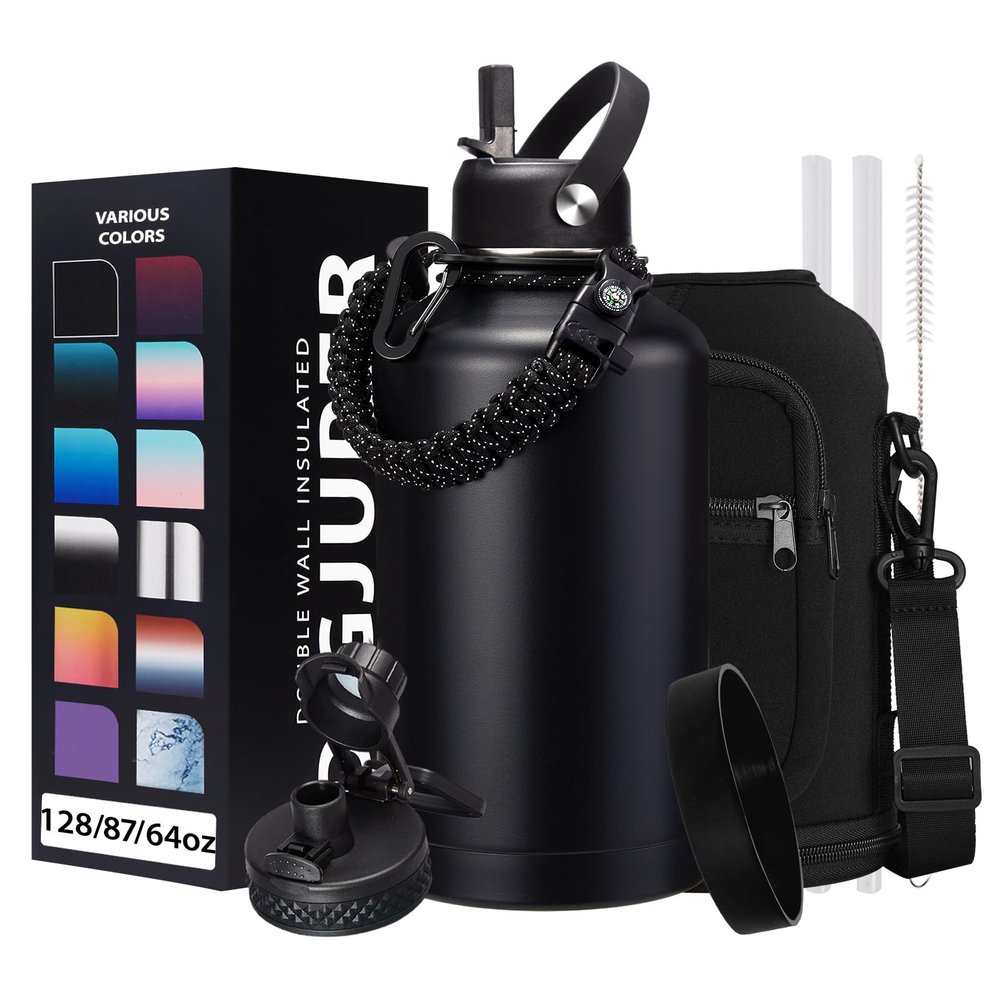 DIGJUPER Insulated Water Bottle 64oz - w/Paracord Handle, Straw & Spout Lids, Carrier Bag, Half Gallon Sport Stainless Steel Water Flask Jug, Thermo Mug Double-wall Vacuum Water Bottle