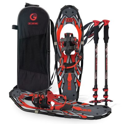 G2 36 Inches Light Weight Snowshoes with Toe Box, EVA Padded Ratchet Binding, Heel Lift, Flexible Pivot Bar, Durable Back Strap, Set with Trekking Poles, Carrying Bag, Snow Baskets, Red