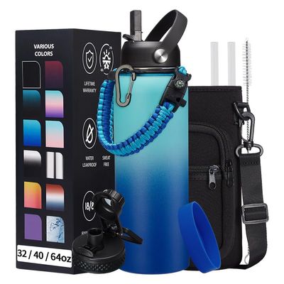 DIGJUPER Stainless Steel Water Bottle 40oz - Insulated Water Bottle with Straw & Spout Lids, Survival Paracord, Strap Sleeve, Protective Cup Mat, Wide Mouth Thermo Jug Flask for Sports Gym or Office