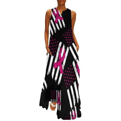 BAIKUTOUAN Awareness Ribbon Breast Cancer Women's Long Dress Casual Sleeveless Maxi Dress Swing Dresses with Pockets L