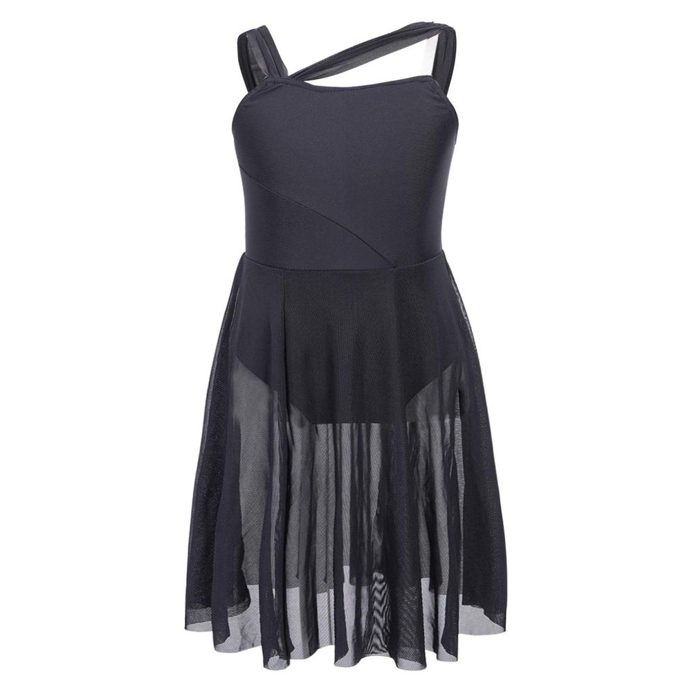 easyforever Kids Girls Lyrical Dress Sleeveless Mesh Color Block Leotard Dress Modern Contemporary Dance Costume Black 10 Years