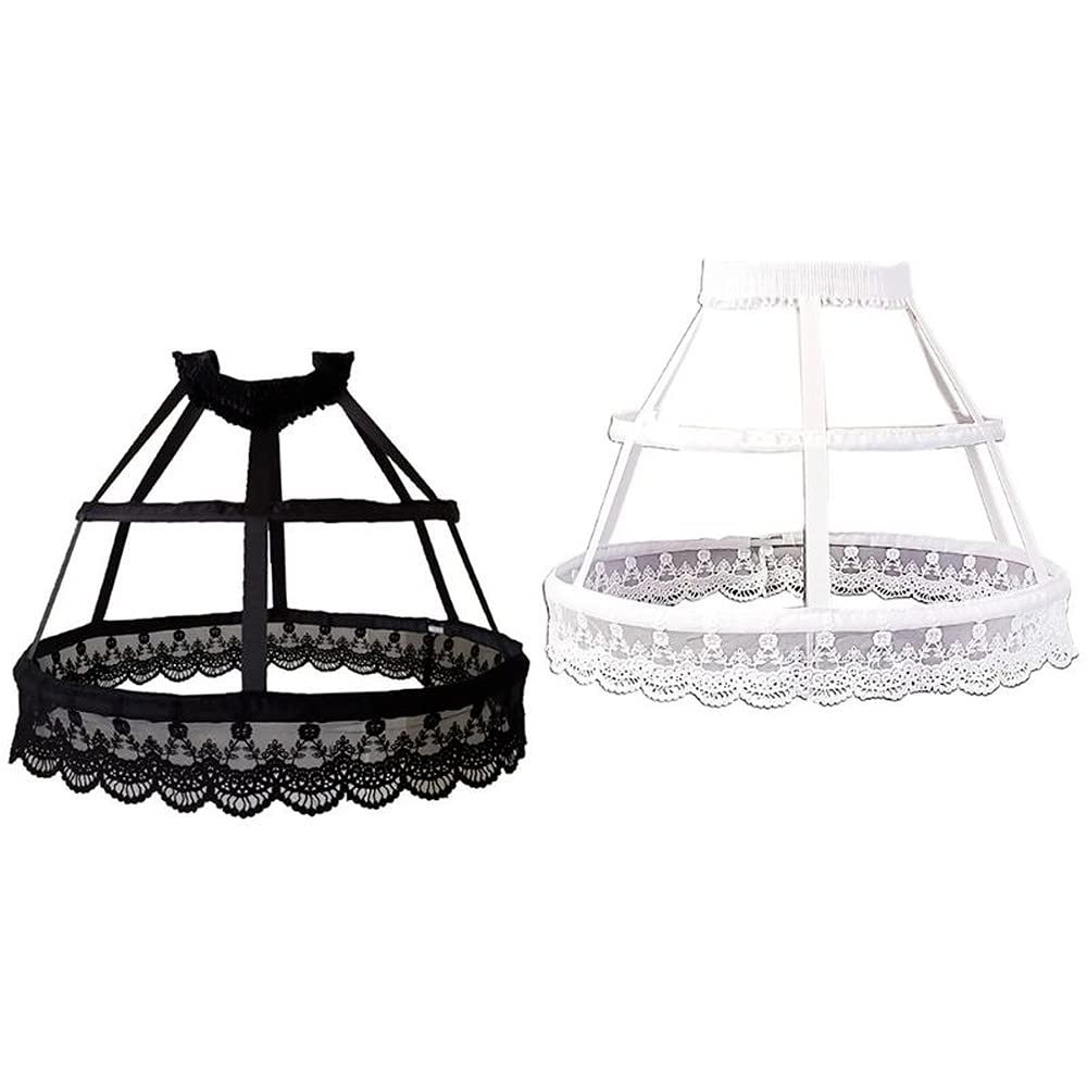 ARTYME Women Victorian Petticoat 2 Hoops Crinoline Lolita Fishbone Hollow Bird Cage Skirt Embroidery Floral Lace Underskirt (Black), One Size