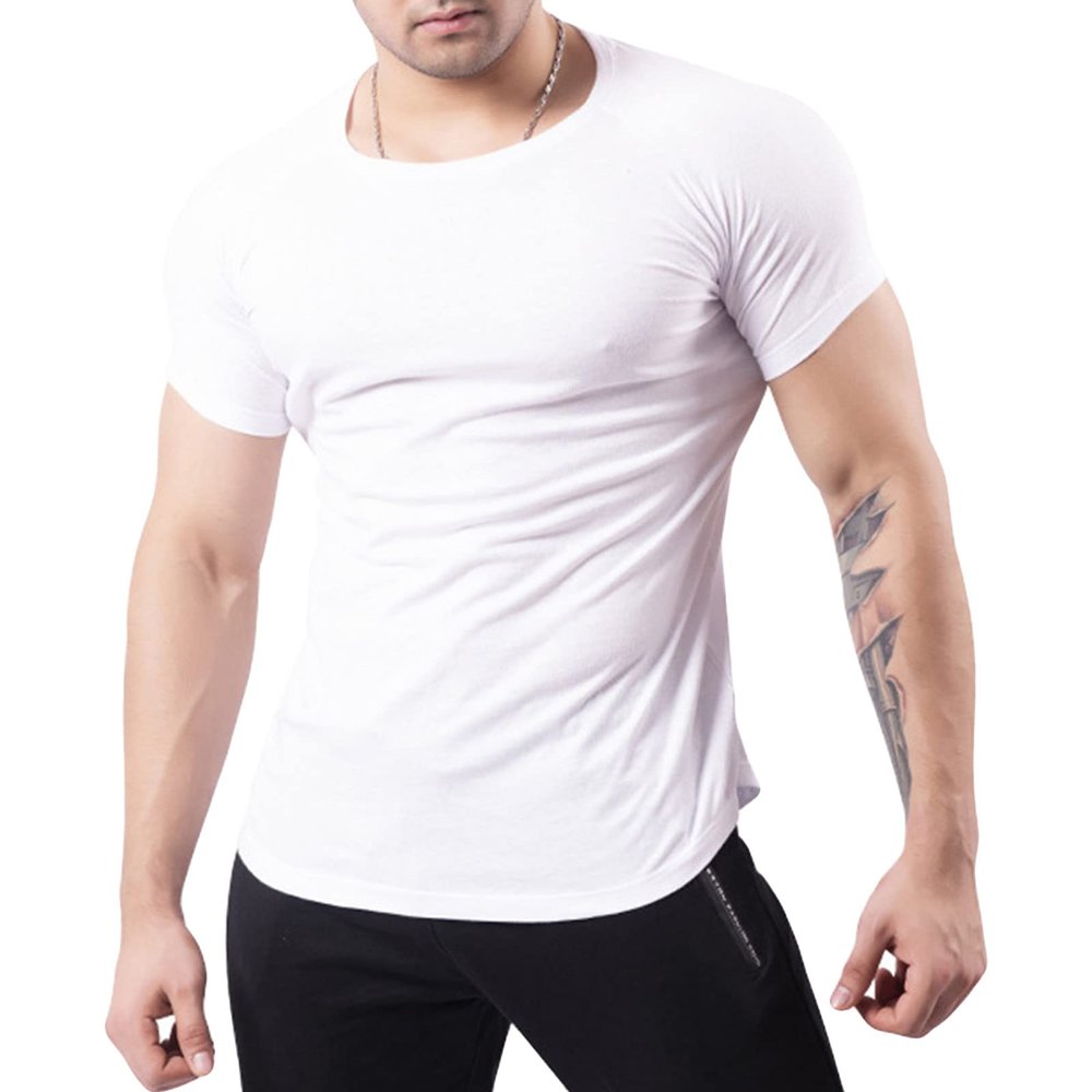 Men's Dry Fit Gym Workout Shirts Short Sleeve Stretch Athletic T-Shirts Slim Fit Running Fitness Muscle Tee (White,Medium)