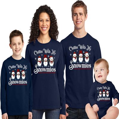 Christmas Chillin with My Snowmies Matching Family Xmas Women Men Long Sleeve Shirt Navy