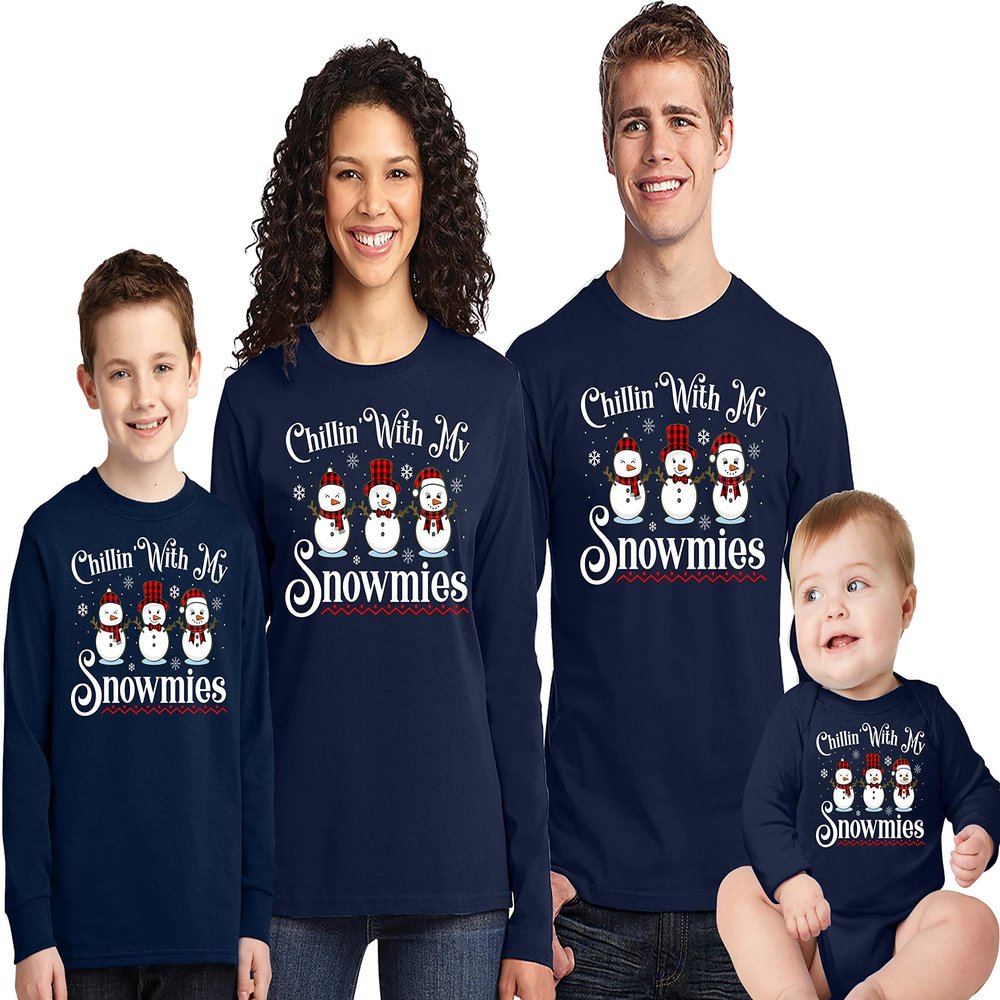 Christmas Chillin with My Snowmies Matching Family Xmas Women Men Long Sleeve Shirt Navy