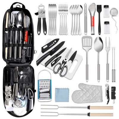 35 Pcs Camping Kitchen Utensil Set Outdoor Kitchen Gear, Outdoor Cooking and Grilling Utensil Travel Set Perfect for Camping Accessories Cooking, RV Camp. Camping, BBQs, Parties and More
