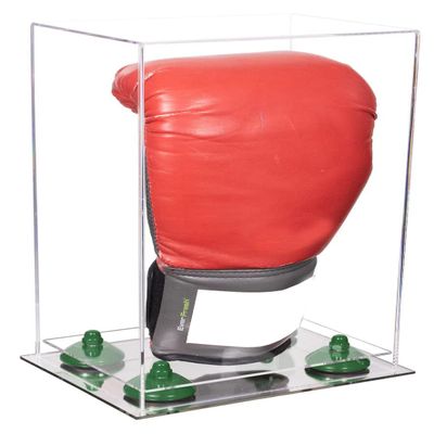 Better Display Cases Acrylic Vertical Boxing Glove Display Case with Clear Case, Green Risers and Mirror Base 8" x 6" x 14" (A092/V18)