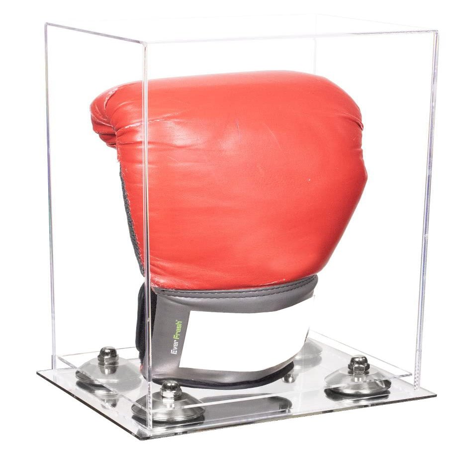 Better Display Cases Acrylic Vertical Boxing Glove Display Case with Clear Case, Silver Risers and Mirror Base 8" x 6" x 14" (A092/V18)