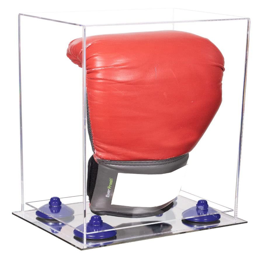 Better Display Cases Acrylic Vertical Boxing Glove Display Case with Clear Case, Navy Blue Risers and Mirror Base 8" x 6" x 14" (A092/V18)