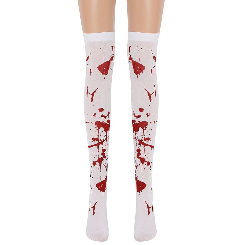 Ctreela Halloween Stockings Bloody Nurse Cosplay Long Socks Masquerade Party Costumes Adult Women's Over Knee Tights Wine