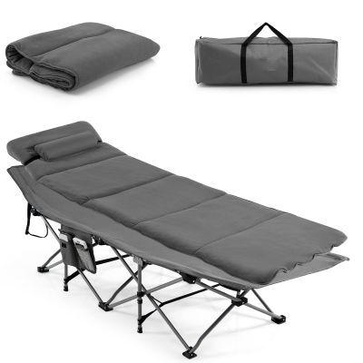Goplus Camping Cot, Folding Camping Cot with Mattress, Pillow, Carry Bag, Storage Pocket, Camping Bed Military Cot for Home Office Nap Hiking, Heavy-Duty Portable Sleeping Cot for Adults Kids (Grey)