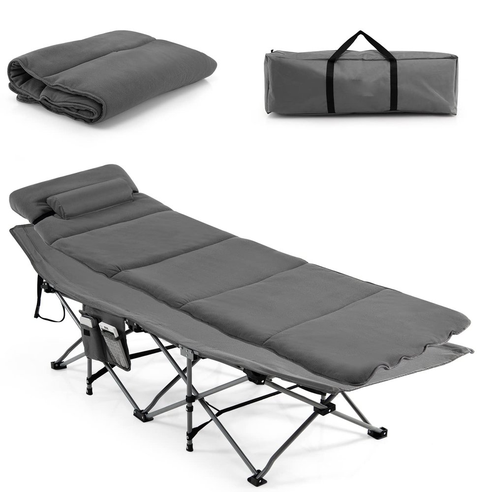 Goplus Camping Cot, Folding Camping Cot with Mattress, Pillow, Carry Bag, Storage Pocket, Camping Bed Military Cot for Home Office Nap Hiking, Heavy-Duty Portable Sleeping Cot for Adults Kids (Grey)