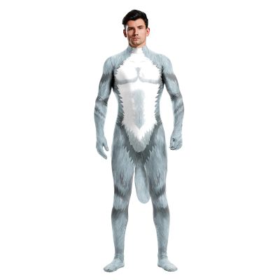 Bemeiren Animal Bodysuit for Men Zentai Spandex Body Suit with Big Tail Halloween Furry Costumes Dog