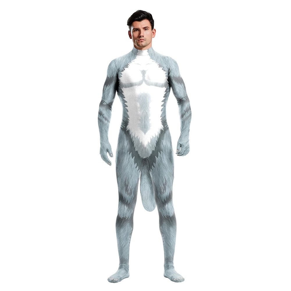 Bemeiren Animal Bodysuit for Men Zentai Spandex Body Suit with Big Tail Halloween Furry Costumes Dog
