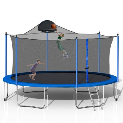 Evedy 14FT Trampoline with Safety Enclosure Net, Basketball Hoop and Ladder,Round Outdoor Recreational Trampoline for Kids,Easy Assembly,Blue