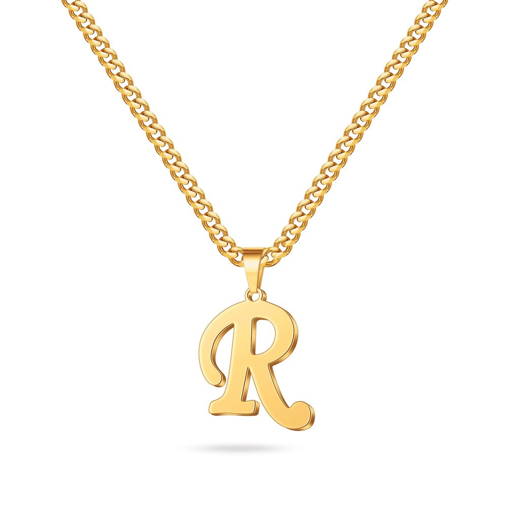 Mens Necklace - Gold Letter R Initial Necklace for Men Boys Letter Pendant Cuban Link Chain Initial Necklaces Collar Cadenas Para Hombres Fathers Birthday Gifts for Men Son Dad Husband Boyfriend