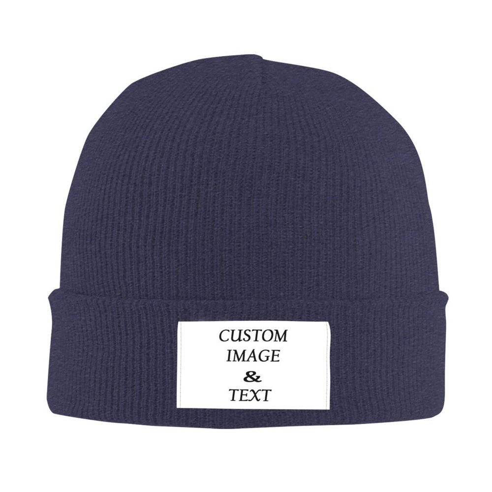 6 Pack Personalized Knit Hat Custom Beanie Hat Add Your Own Picture Text Beanie Winter Knit Hat Navy Blue, One Size