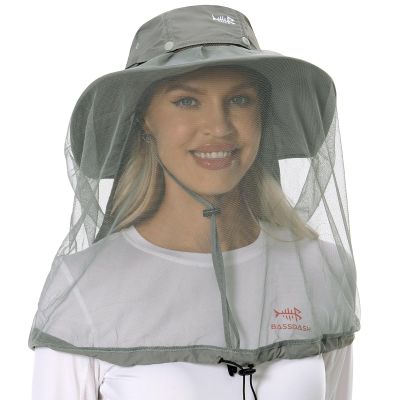BASSDASH UPF 50+ Mosquito Sun Hat with Hidden Head Net and Neck Flap for Men Women Outdoor Fishing Hiking Camping FH16 Light Grey