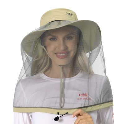 BASSDASH UPF 50+ Mosquito Sun Hat with Hidden Head Net and Neck Flap for Men Women Outdoor Fishing Hiking Camping FH16 Khaki