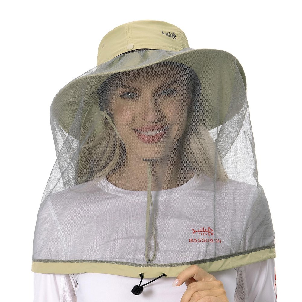 BASSDASH UPF 50+ Mosquito Sun Hat with Hidden Head Net and Neck Flap for Men Women Outdoor Fishing Hiking Camping FH16 Khaki