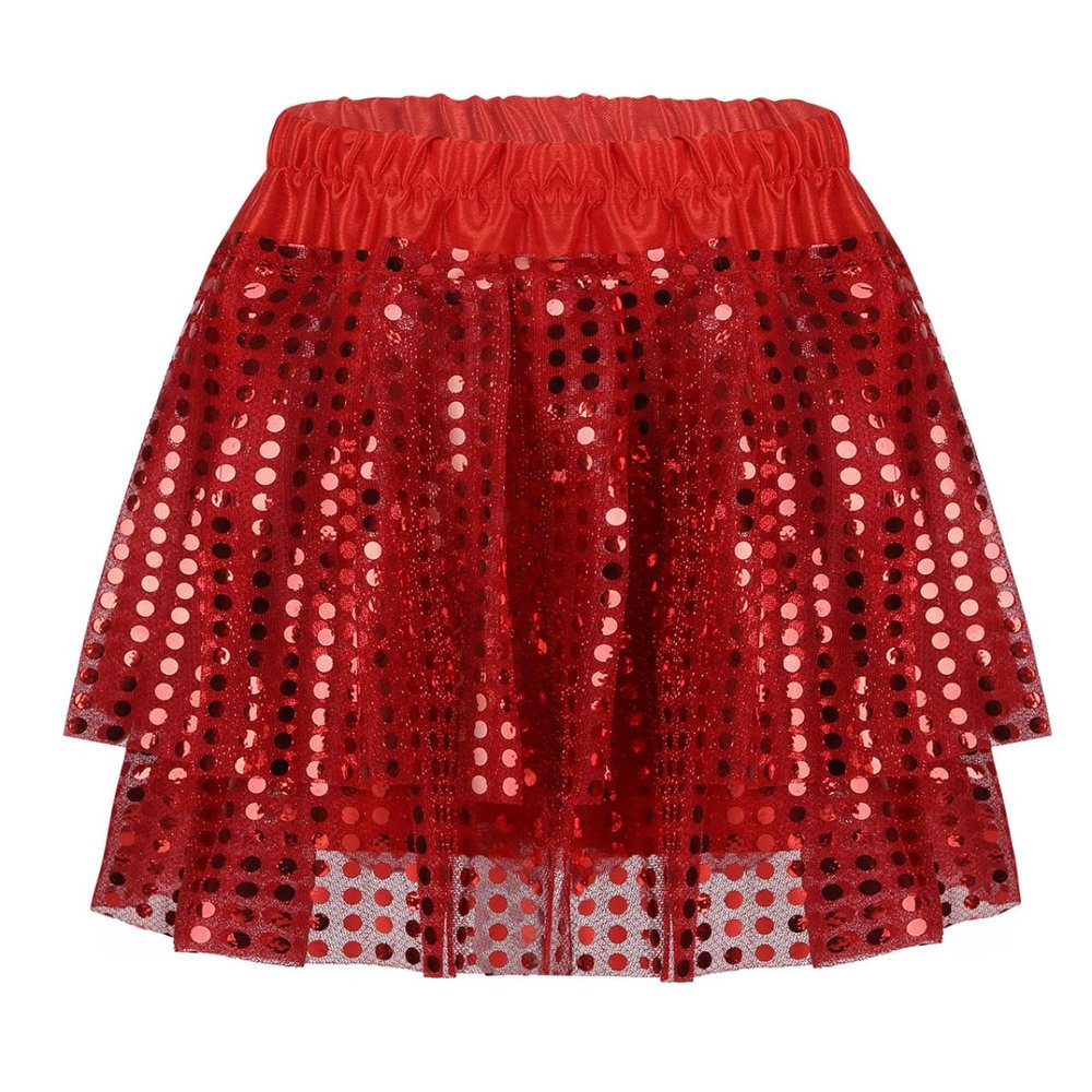 Manyakai Girls Shiny Sequins Layered Tutu Skirts Kids Sparkling Tulle Dance Skirts Athletic Skorts Red 8-10 Years