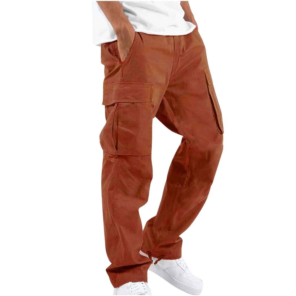 WENKOMG1 Mens Cotton Cargo Pants,Solid Elastic Waist Straight Leg Slacks Drawstring Trousers Slim Fit Bottoms for Men,Sweatpants Work Pants Compression Pants Hiking Pants for Men(Orange,Small)