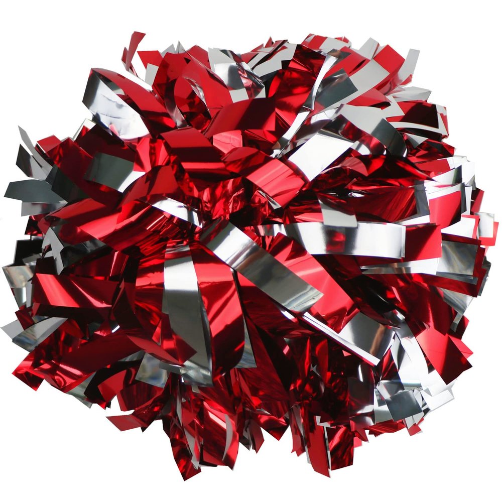 GUIFIER Pack of 2 Pom Poms Cheerleading 6 Inches Metallic Cheerleader Pom Poms with Baton Handle, Pompoms Cheer Pom Pom for Cheering Squad (Red and Silver)