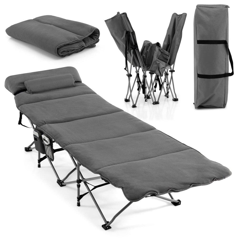 Tangkula Camping Cot for Adults, Folding Sleeping Cot with Removable Mattress, Pillow, Side Pocket, Portable Indoor Outdoor Cot Bed with Carry Bags for Travel, Camp, Office, Home (Grey)