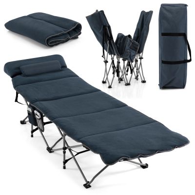 Tangkula Camping Cot for Adults, Folding Sleeping Cot with Removable Mattress, Pillow, Side Pocket, Portable Indoor Outdoor Cot Bed with Carry Bags for Travel, Camp, Office, Home (Blue)