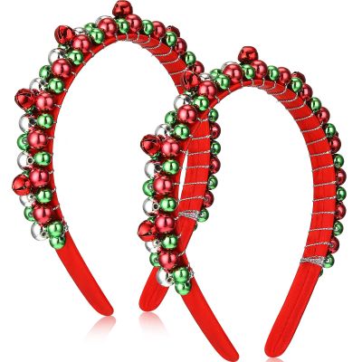 Yilloog 2 Pack Christmas Headband Red Green Silver Tone Christmas Holiday Bells Headbands for Women(Red)