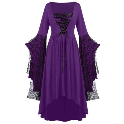Women Vintage Maxi Dresses Gothic Plus Size Skull Lace Print Halloween Party Dress Long Sleeve Bandage Swing Dress Purple