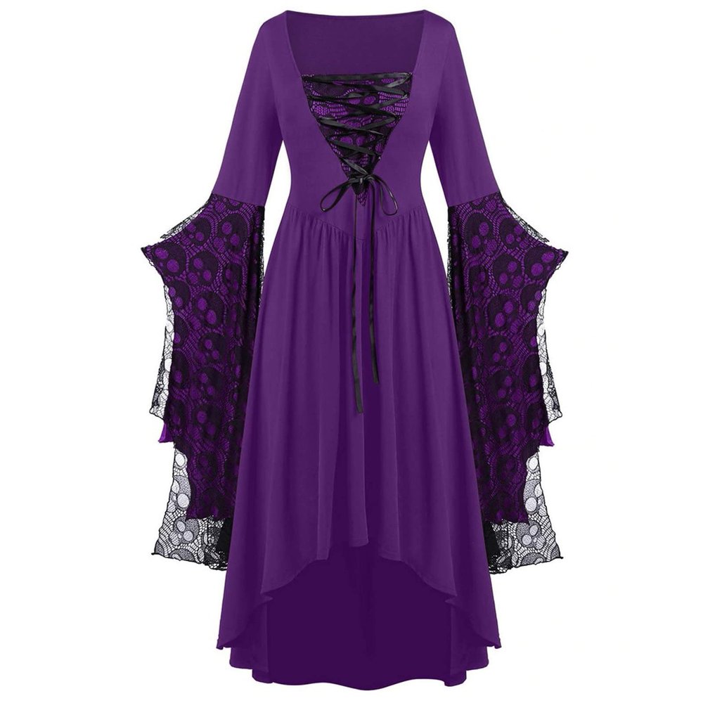 Women Vintage Maxi Dresses Gothic Plus Size Skull Lace Print Halloween Party Dress Long Sleeve Bandage Swing Dress Purple