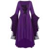 Women Vintage Maxi Dresses Gothic Plus Size Skull Lace Print Halloween Party Dress Long Sleeve Bandage Swing Dress Purple view 1