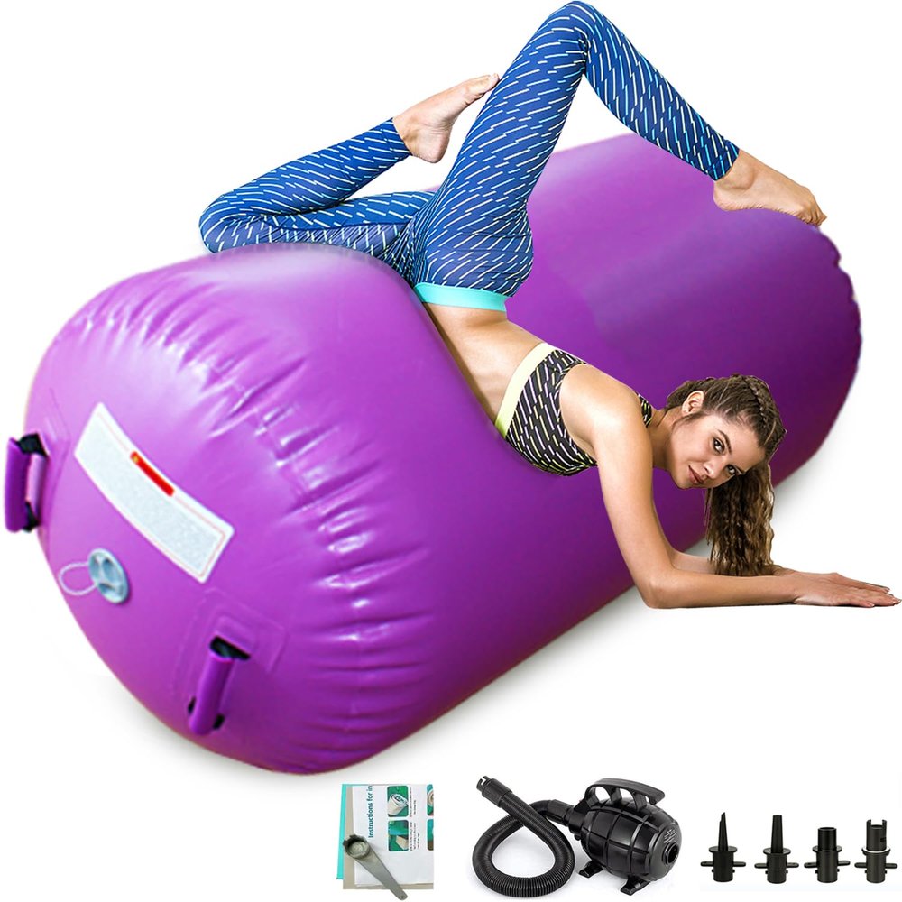 CZGBRO Air Roller Gymnastics Barrel, Air Mat Tumble Track Gymnastic Equipment Inflatable Tumbler Backbend Trainer with Electric Pump for Yoga Cheerleading Home & Water Use (Purple, 3.3ftx31.5inch)