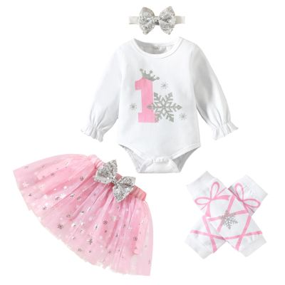 GRNSHTS Baby Girl Birthday Cake Smash Outfit Toddler My 1st Birthday Snowflake Romper+Tutu Skirt+Headband+Leg Warmers Clothes Set (Snowflake Pink, 12-18M)