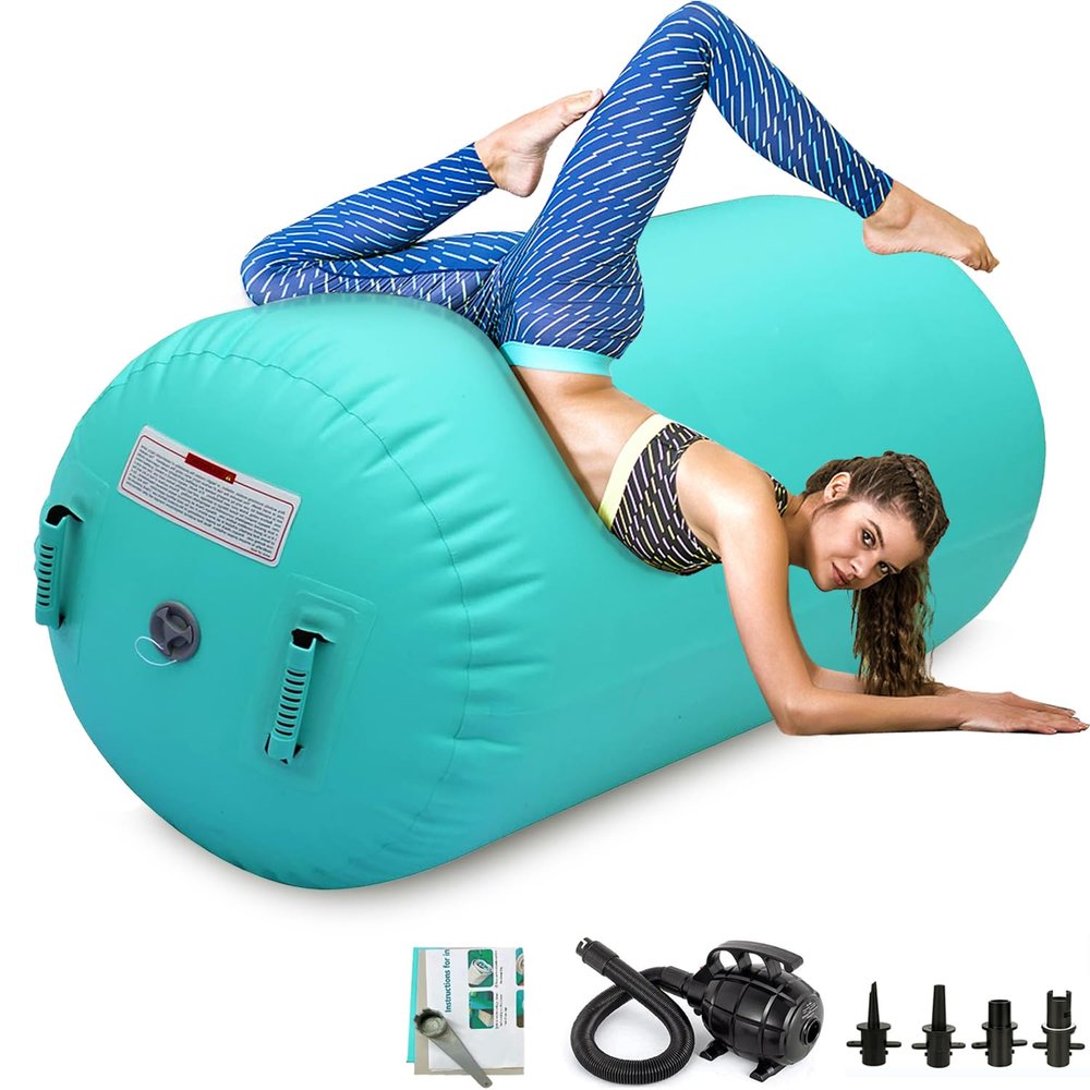 CZGBRO Air Roller Gymnastics Barrel, Air Mat Tumble Track Gymnastic Equipment Inflatable Tumbler Backbend Trainer with Electric Pump for Yoga Cheerleading Home & Water Use(Green, 4ft*29.5inch)