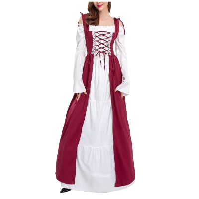 tuduoms Womens Irish Renaissance Dress Flare Sleeve Halloween Cosplay Victorian Costume Retro Gown Peasant Fairy Long Dresses Wine