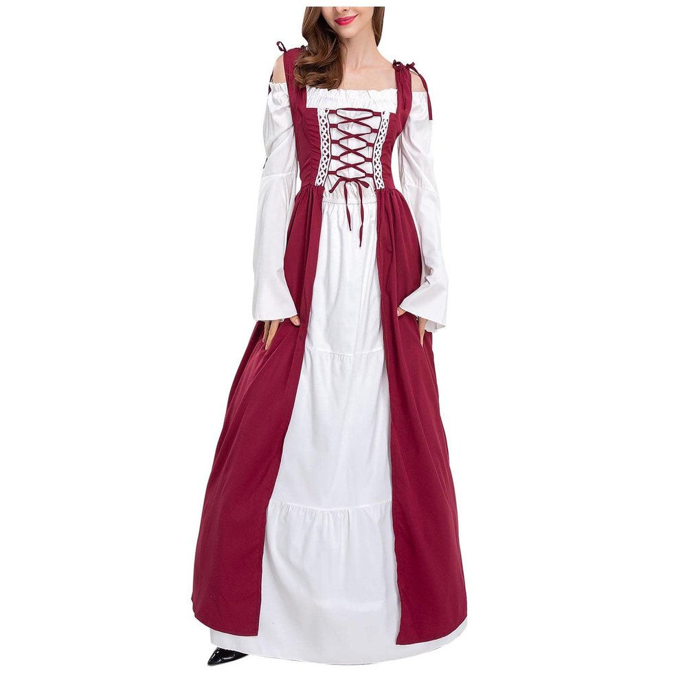 tuduoms Womens Irish Renaissance Dress Flare Sleeve Halloween Cosplay Victorian Costume Retro Gown Peasant Fairy Long Dresses Wine