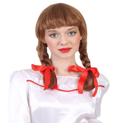 HPO Adult Brown Possessed Doll Braided Pigtail Wig with Bows, Synthetic Soft Fiber Hair, Perfect for your next Festival and Group Anime Party! (Brown 18")