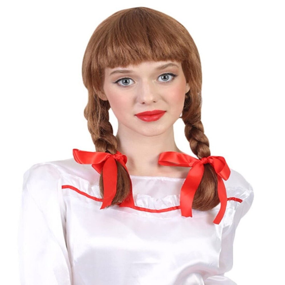 HPO Adult Brown Possessed Doll Braided Pigtail Wig with Bows, Synthetic Soft Fiber Hair, Perfect for your next Festival and Group Anime Party! (Brown 18")