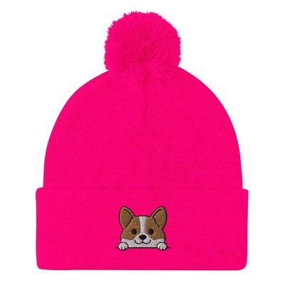 Corgi Beanie, Embroidered Pom-Pom Beanie, Kawaii Corgi Beanie, Corgi mom dad hat, Corgi Neon Pink