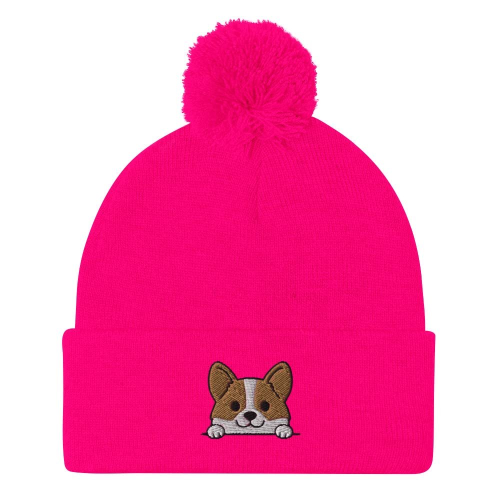 Corgi Beanie, Embroidered Pom-Pom Beanie, Kawaii Corgi Beanie, Corgi mom dad hat, Corgi Neon Pink