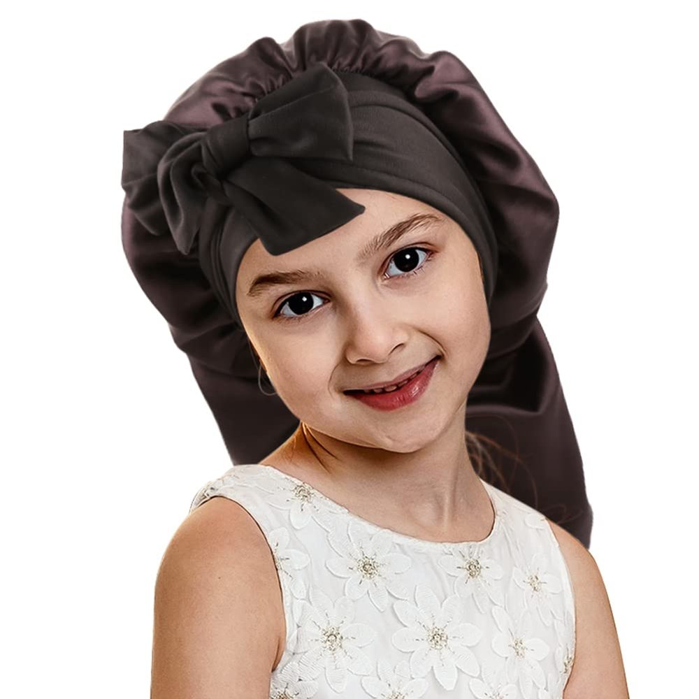 Greatremy Kids Black Satin Bonnet for Girls - Double Layer Long Silky Sleep Satin Cap with Elastic Edge for Curly, Long Hair Sleeping, Fitness, Yoga