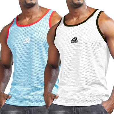 AIMPACT Men Athletic Workout Tank Tops Mesh Quick Dry Fitness Running Gym Muscle Sleeveless Shirts WhiteBlue S
