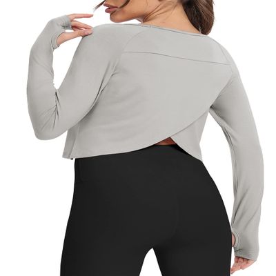 Bestisun Long Sleeve Workout Dance Clothes Split Back Gym Tennis Sports Training Wear Fitness Crop Tops Gray M