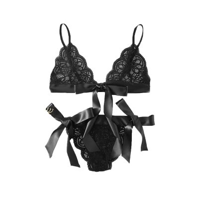 DGHM-JLMY Women Bow Tie Sexy Lingerie Set Lace Bra And Panty Sets 2 Piece Strappy Babydoll Valentine'S Day Lingerie Bodysuit (Black,Small)