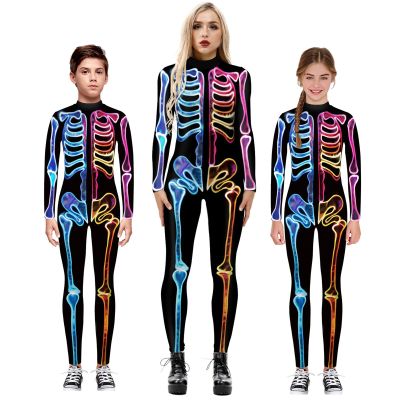 Halloween Skeleton Costume Jumpsuit for Women Kids Family Matching Outfits Bodysuits Dress Up Carnival Cosplay (Blue, L)