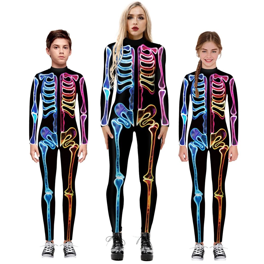 Halloween Skeleton Costume Jumpsuit for Women Kids Family Matching Outfits Bodysuits Dress Up Carnival Cosplay (Blue, L)